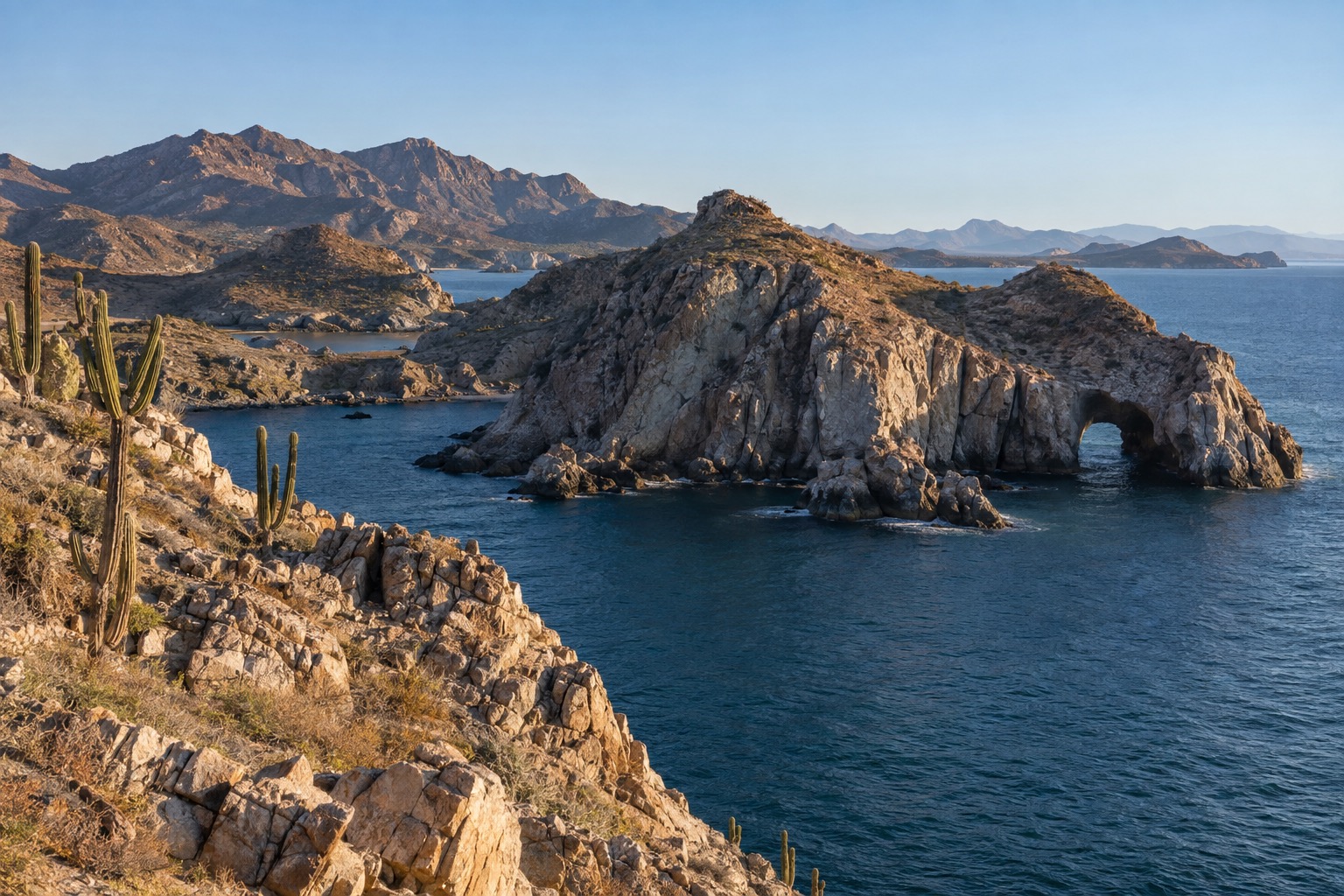 Rocky desert island with pale cliffs rising from blue water in a wide bay