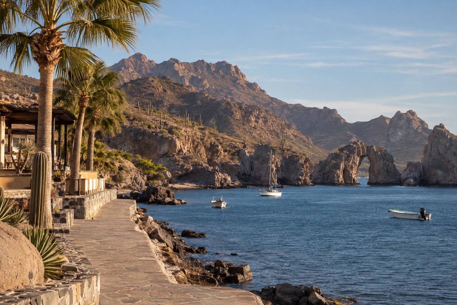 Sunlit waterfront promenade beside a calm bay with palm trees and a few small boats