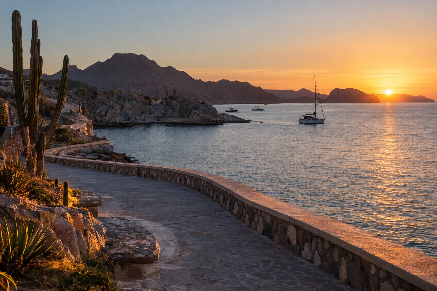 Waterfront promenade curving along the Bay of La Paz at sunset, with calm water and a few boats