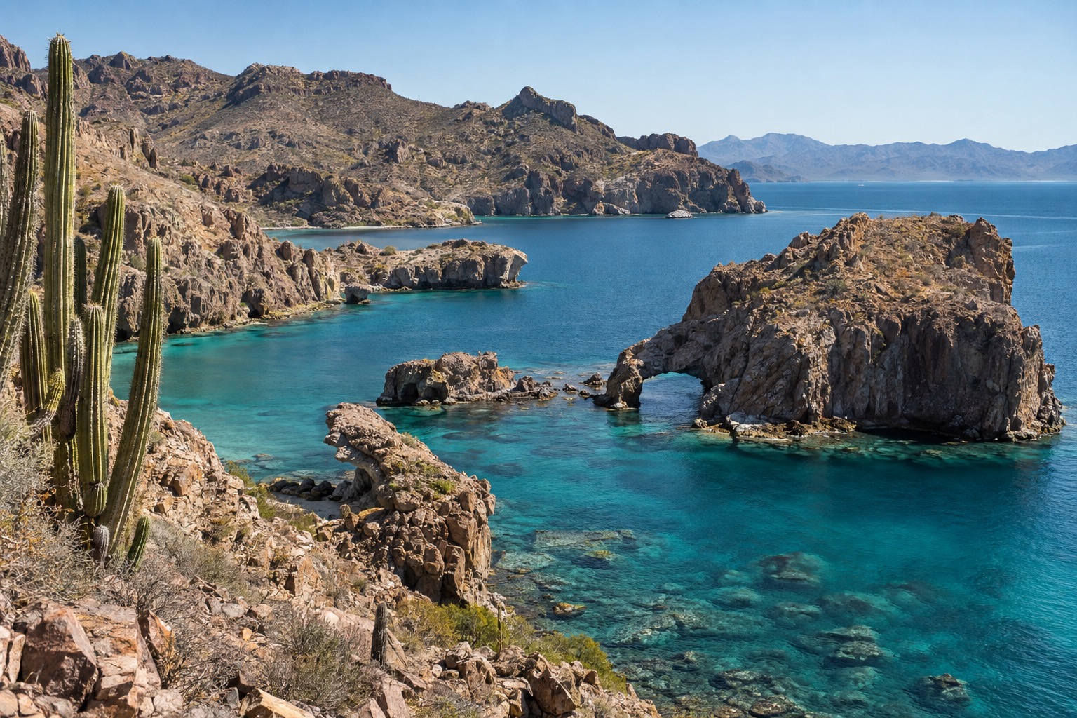 Rocky island coastline with clear turquoise water in the Bay of La Paz
