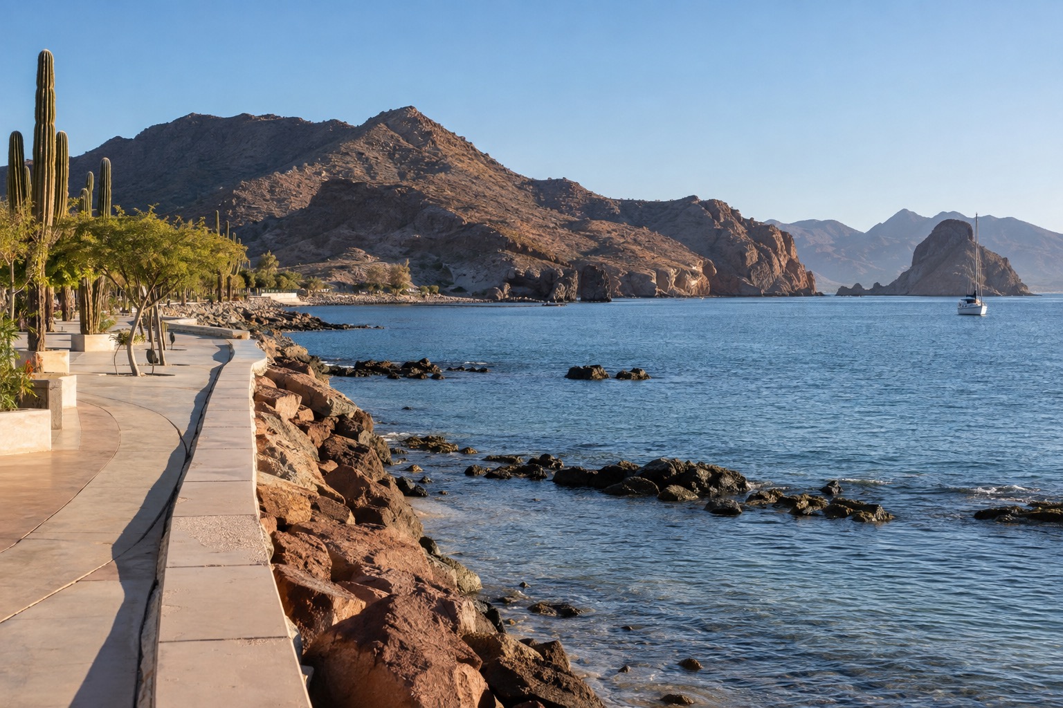 Waterfront promenade and calm bay at La Paz, Baja California Sur, in clear winter light