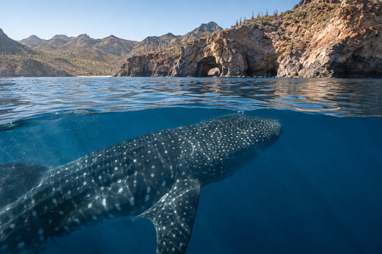 A whale shark swimming just below the surface of blue water
