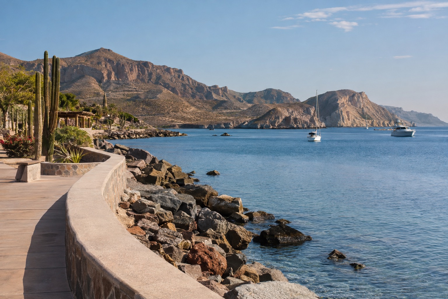 Waterfront promenade and calm bay at La Paz, Baja California Sur, in morning light