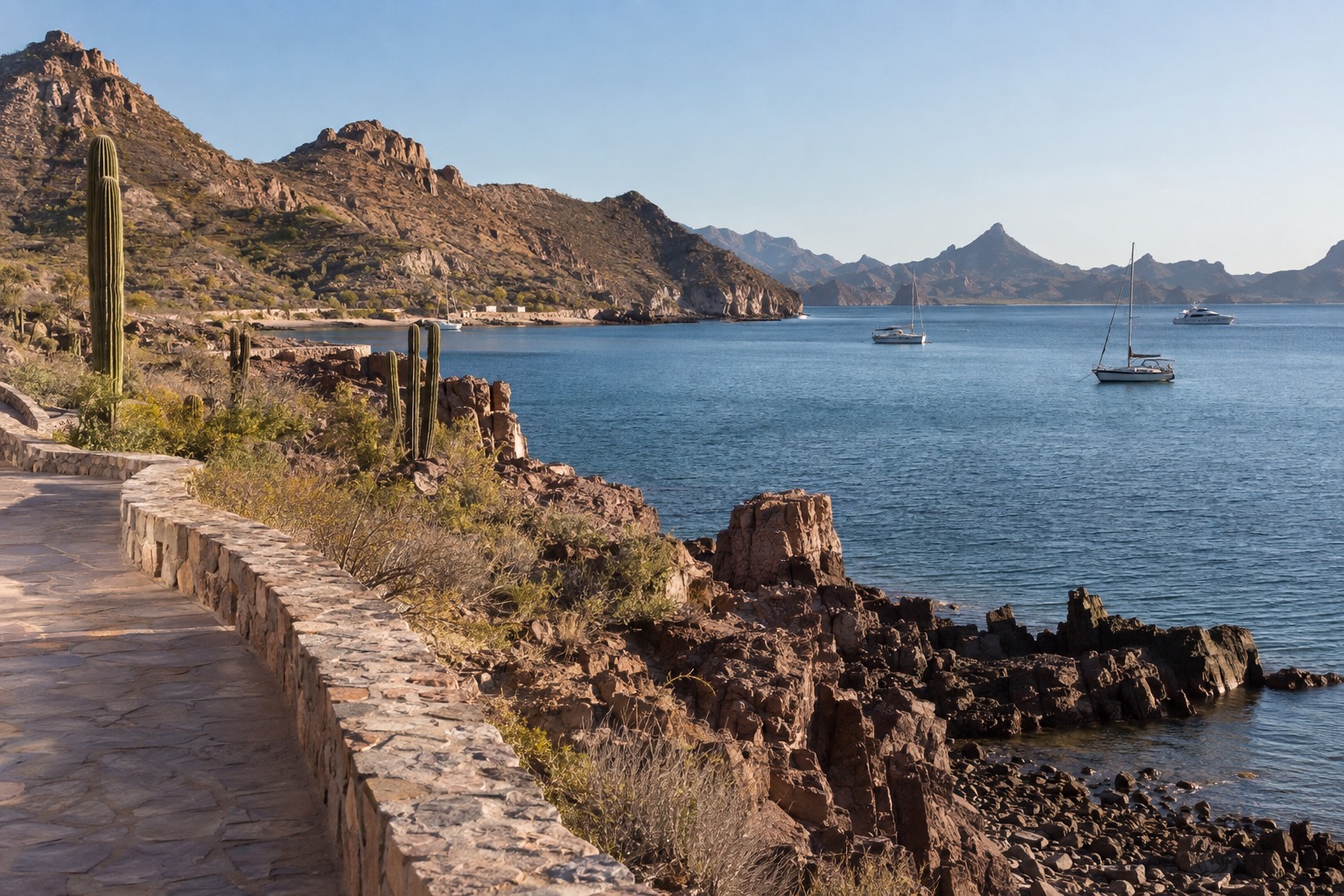 Waterfront promenade curving along a calm bay with boats at anchor and hills in the distance