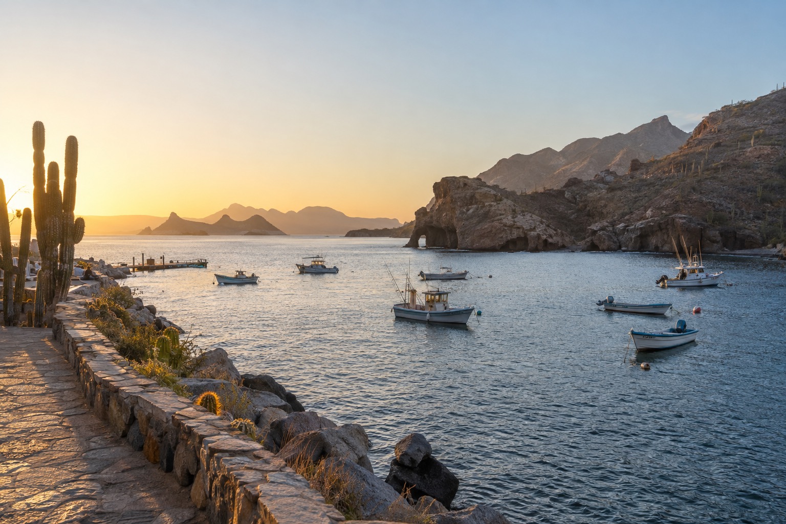 Small fishing boats anchored in a wide bay beside a seaside promenade at sunrise