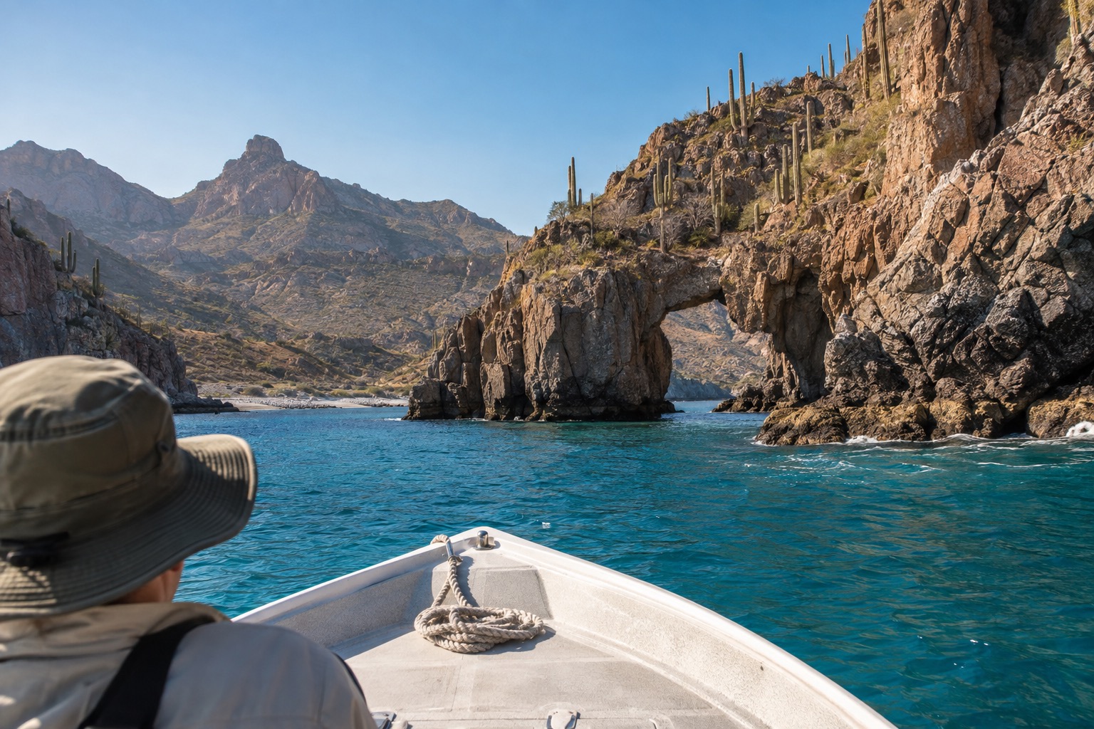 A small motorboat crossing turquoise water toward a rocky desert island