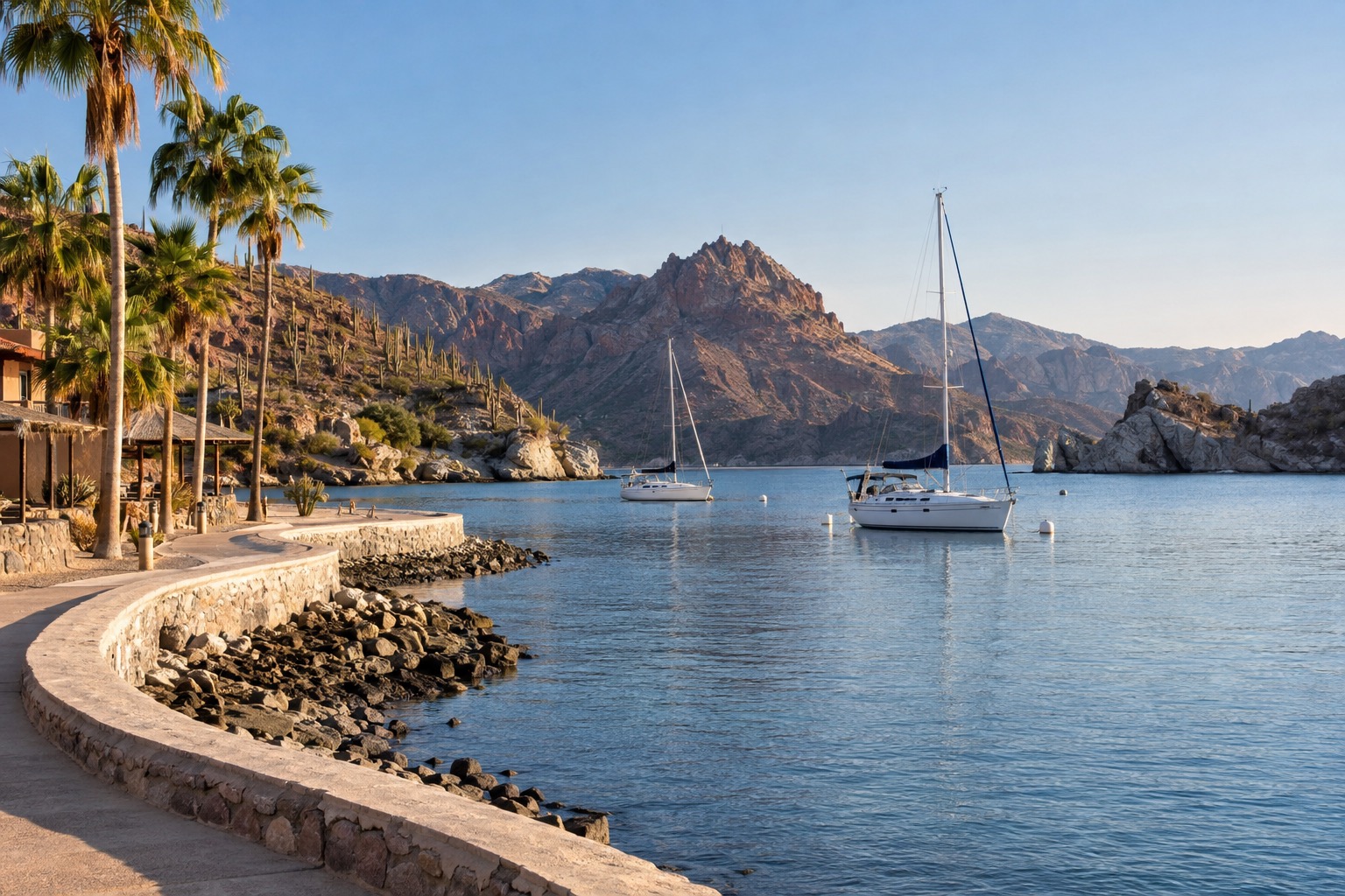 Calm bay water at a curved waterfront promenade with palm trees and moored boats in soft morning light