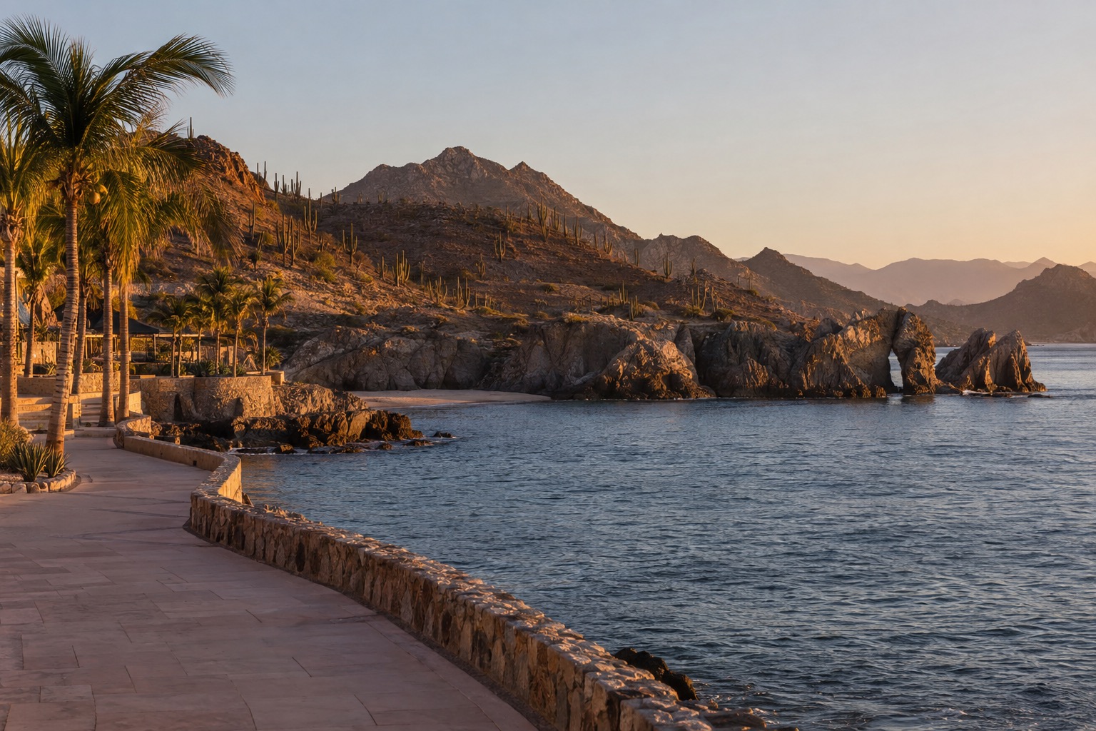 Waterfront promenade curving along a calm bay with palm trees and a pale evening sky