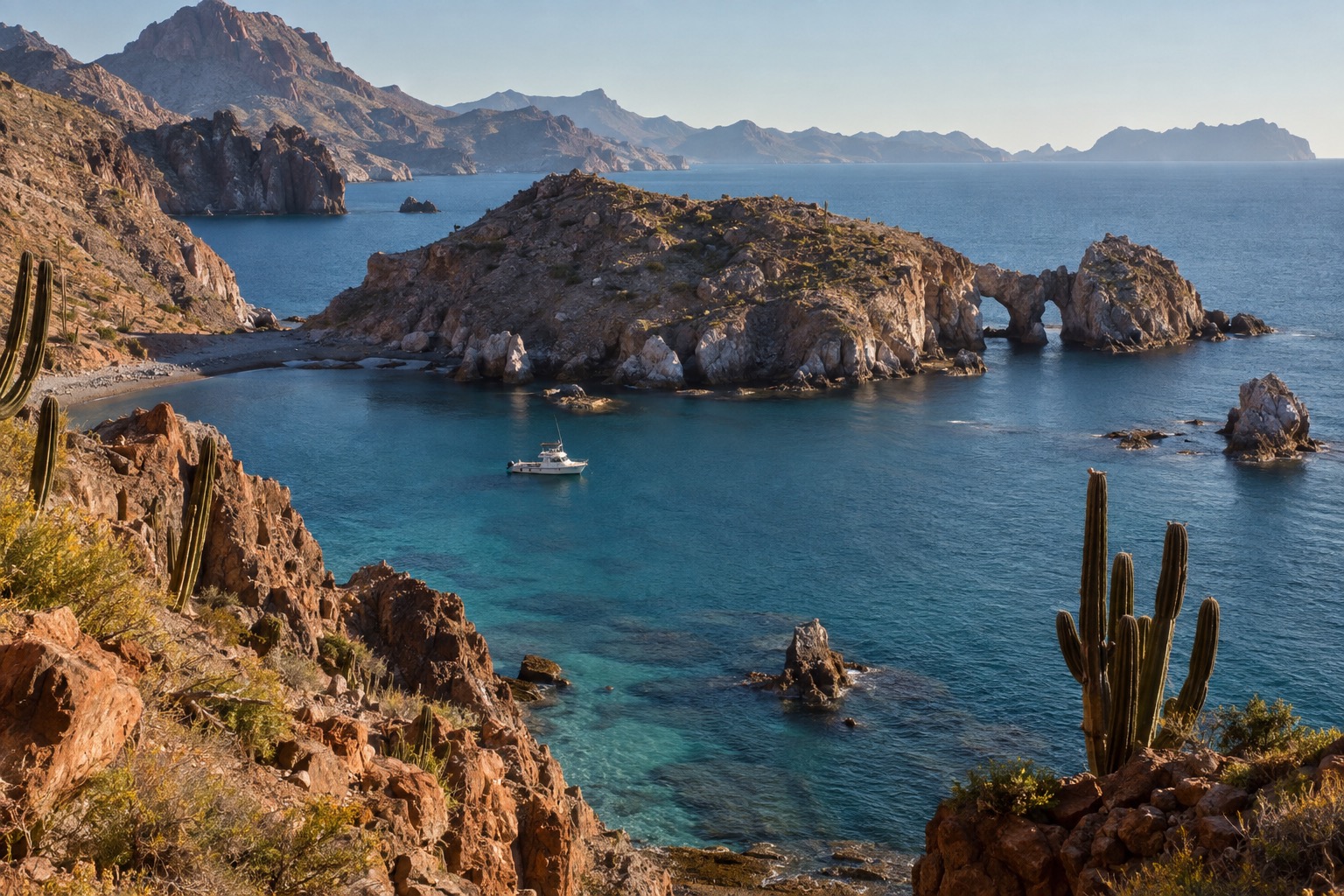 Rocky island coastline with turquoise water and a small boat in a bay
