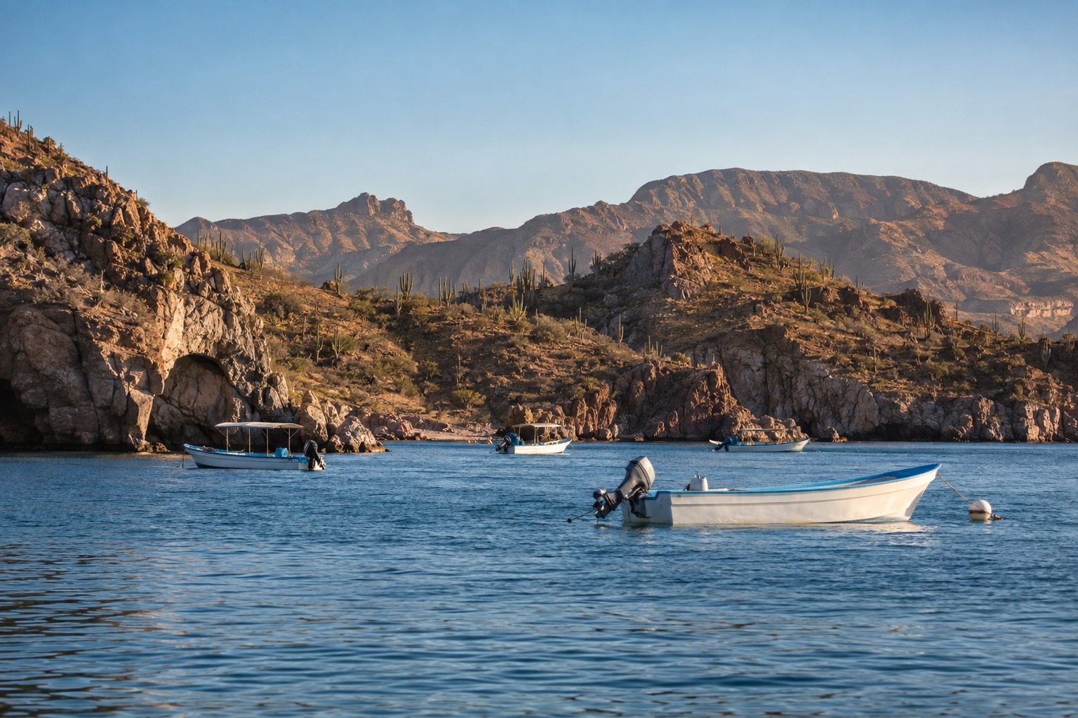 Small boats anchored in a calm bay with dry desert hills behind under a clear sky, La Paz, Baja California Sur