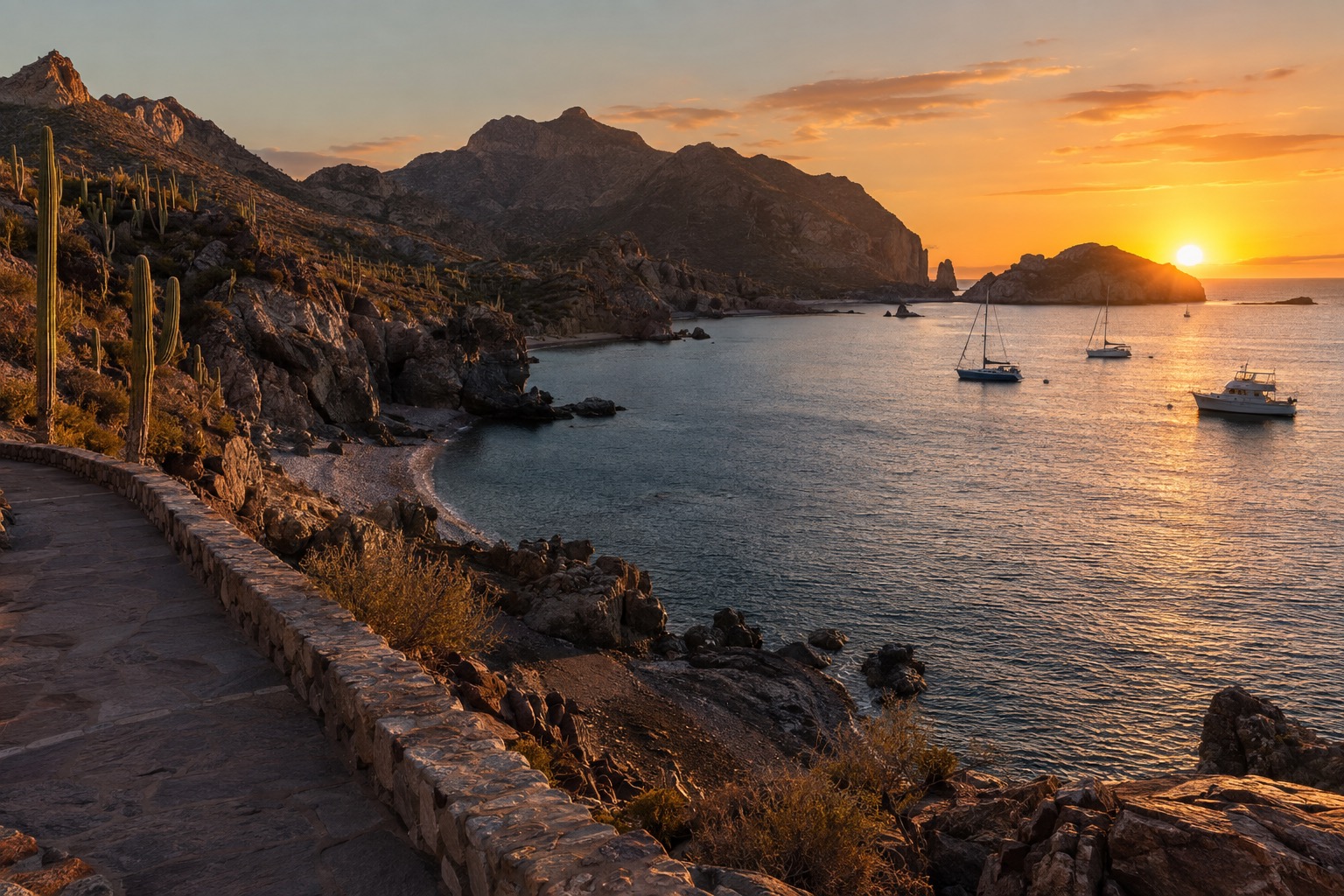 A waterfront promenade curving along a calm bay at dusk, with small boats at anchor
