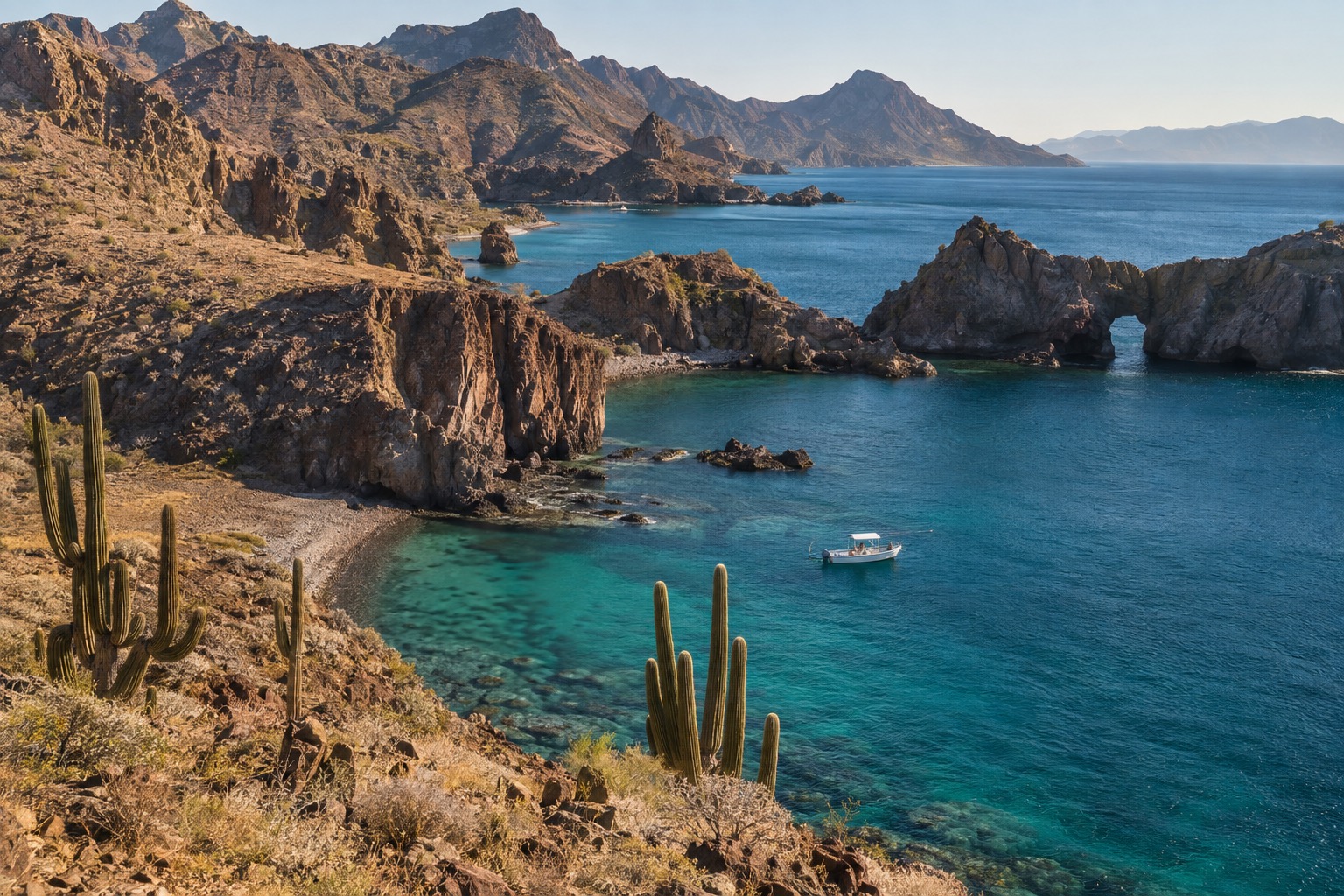 A rocky island coastline with turquoise water and a small boat offshore