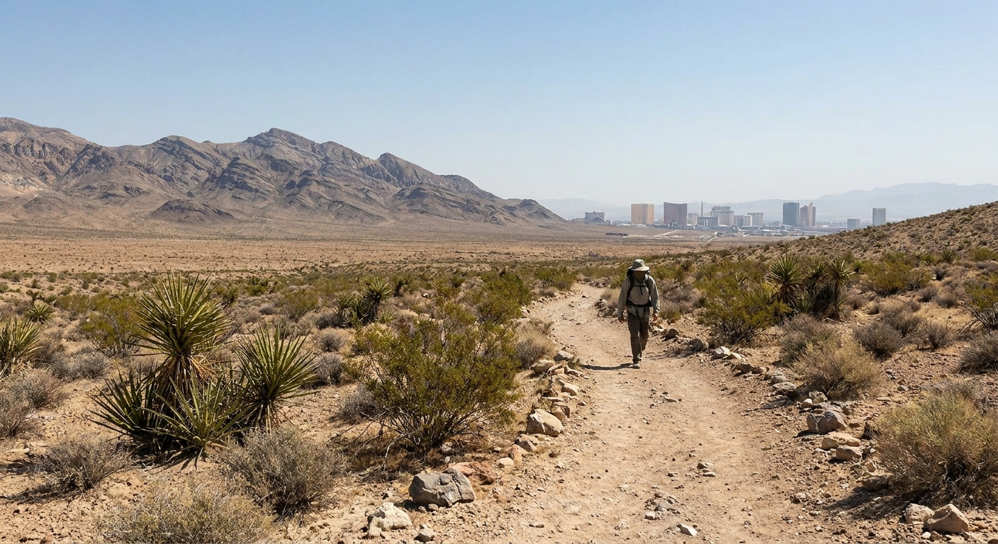 A desert trail through creosote and yucca leading toward layered mountains