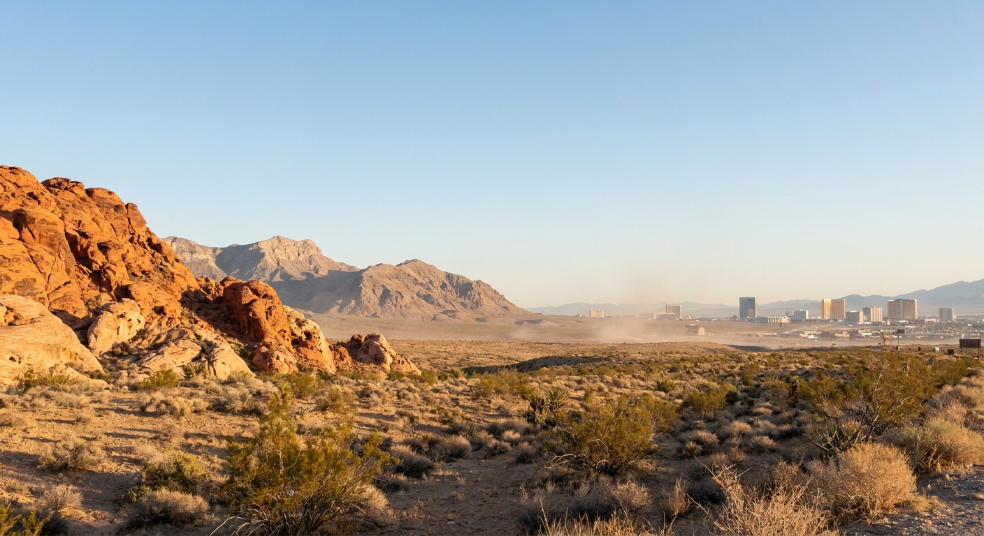 Red sandstone cliffs and desert scrub outside Las Vegas in early morning light