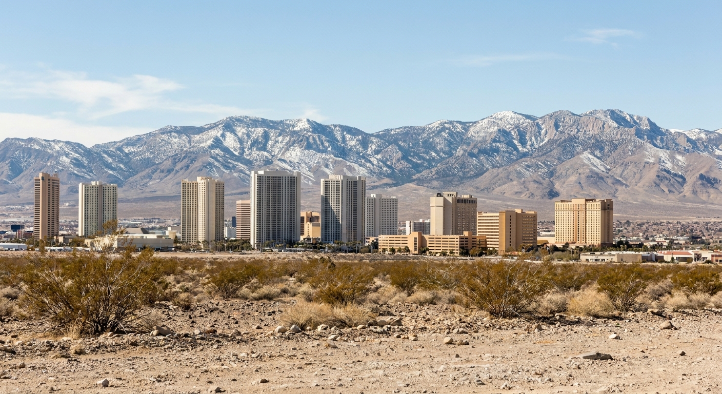 Pine ridges of the Spring Mountains rising above the Las Vegas valley in winter