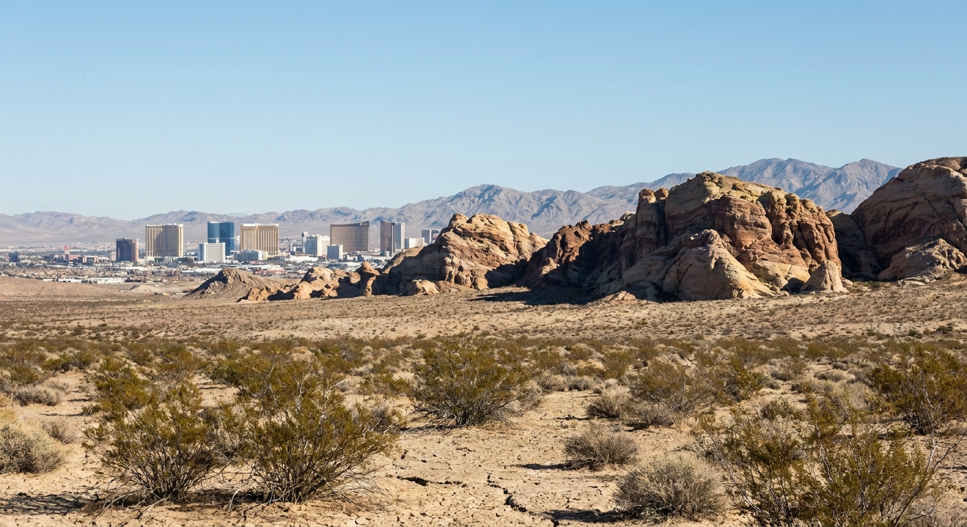 Layered sandstone formations in a Nevada state park under clear winter sky