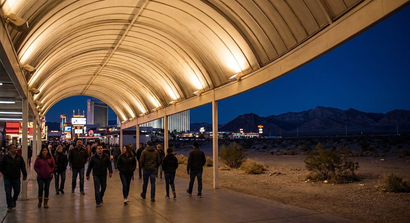 A pedestrian street downtown at night beneath a barrel-vaulted canopy, people in jackets walking below