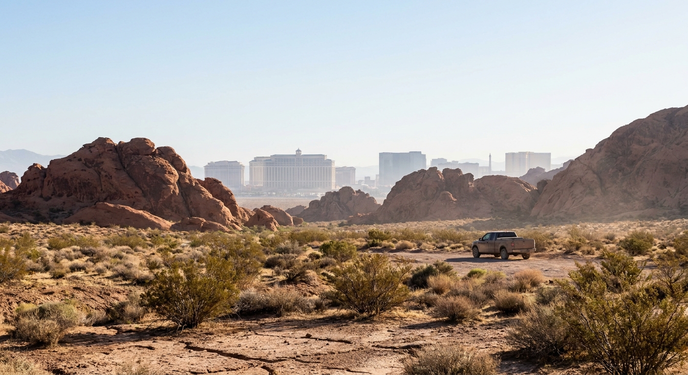 Red sandstone cliffs and desert scrub under early morning light outside Las Vegas