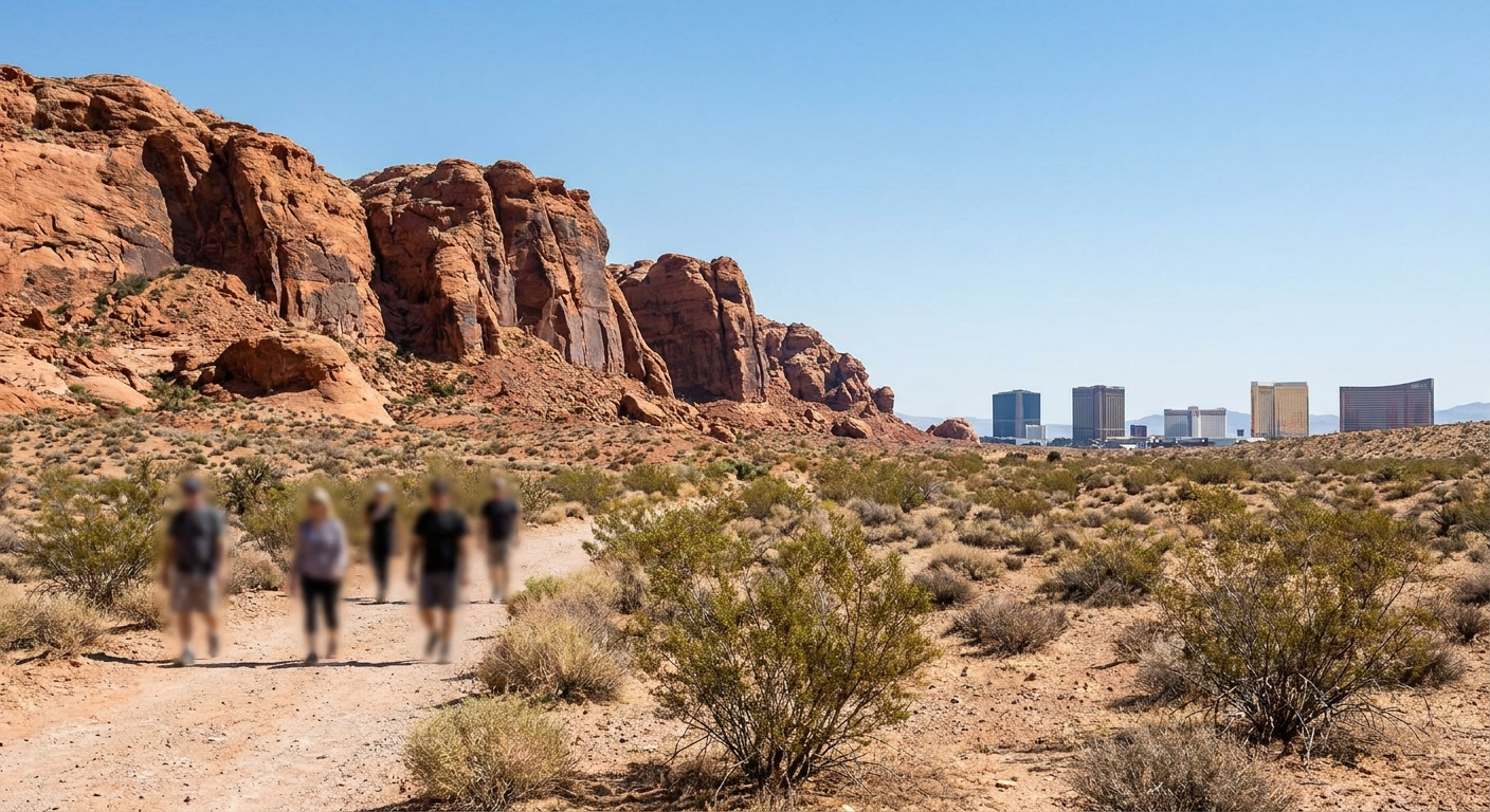 Red sandstone cliffs and desert scrub under clear sky west of Las Vegas