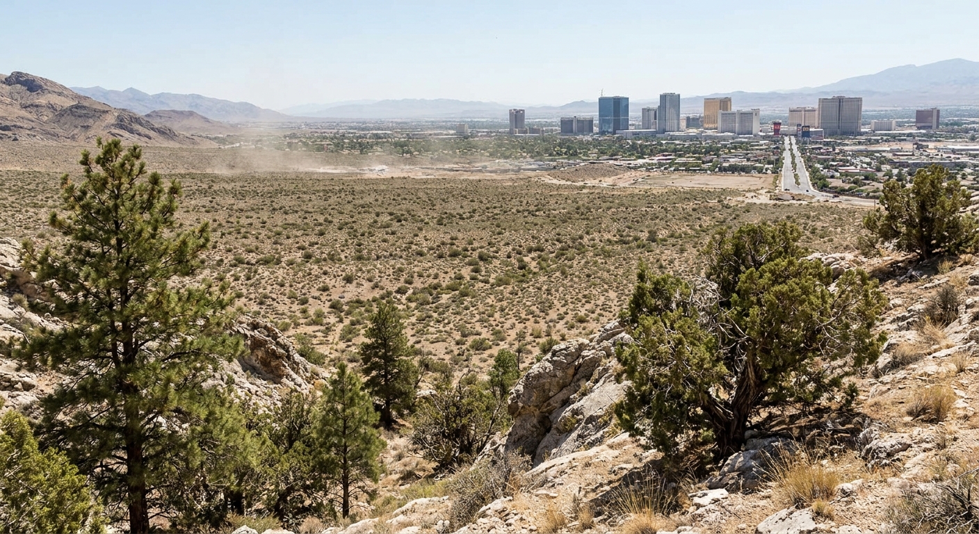 Pine forest and limestone slopes in the Spring Mountains above the desert