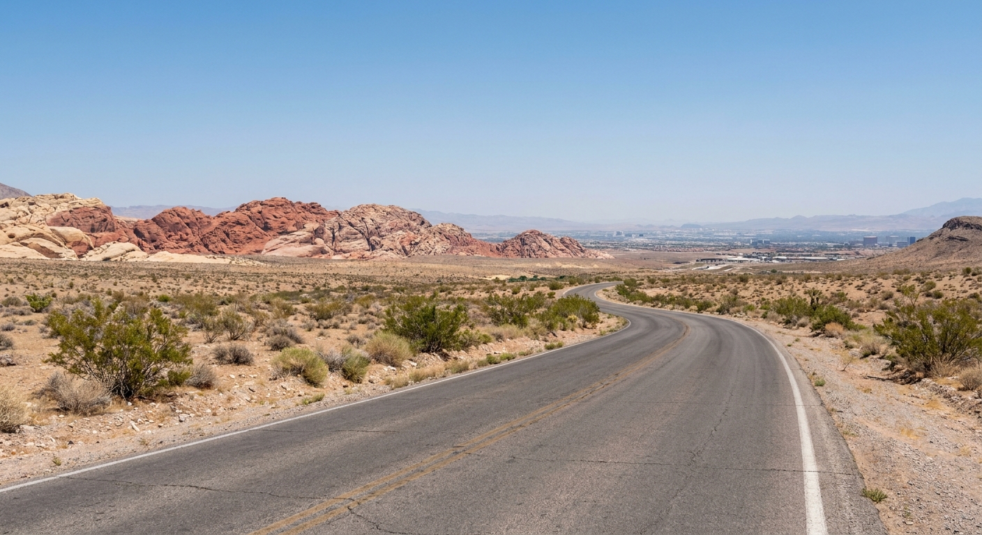 A paved desert road curving between creosote scrub toward layered red and cream cliffs