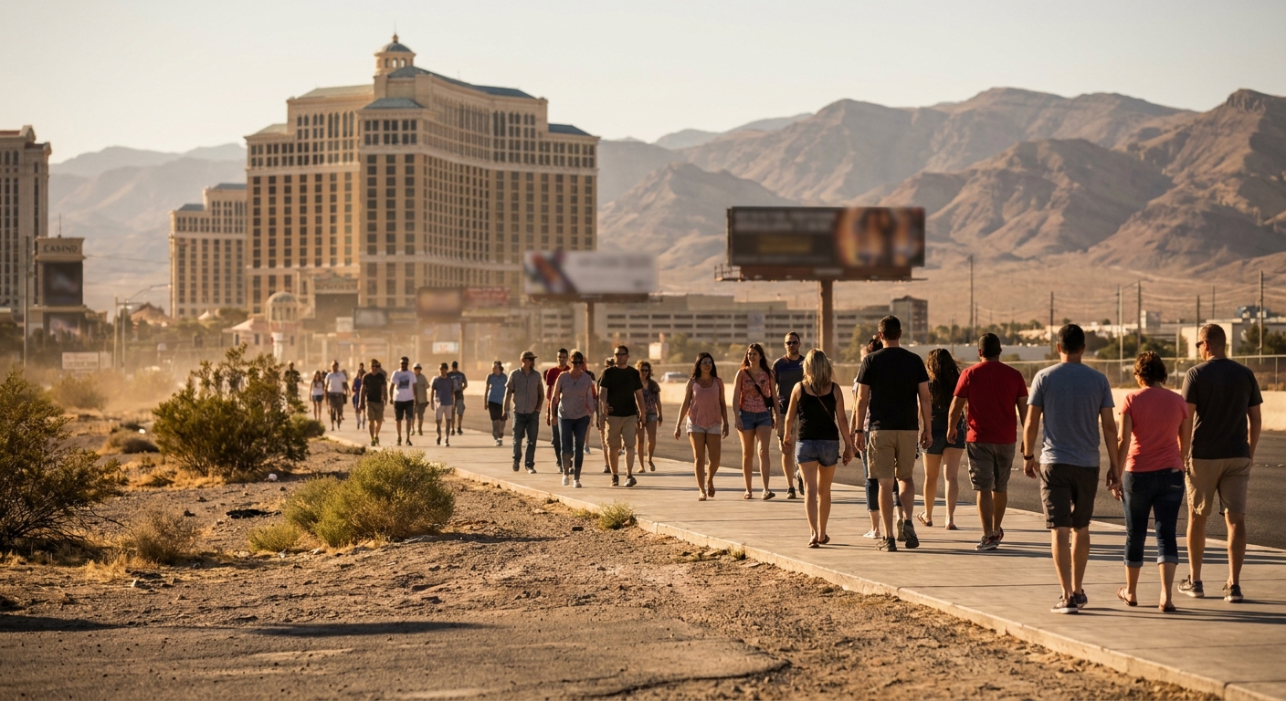 Pedestrians walking a wide sidewalk along the Las Vegas Strip in late afternoon light