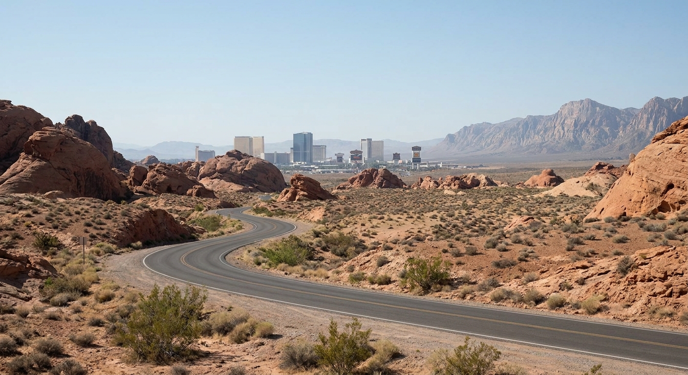 Red sandstone cliffs and a two-lane loop road in the desert outside Las Vegas under morning light