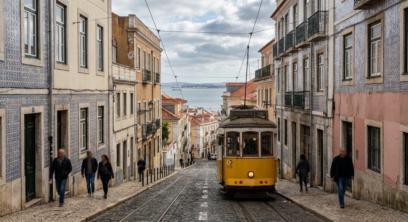 A yellow tram climbing a steep cobbled street in Lisbon under bright spring light with wet paving stones