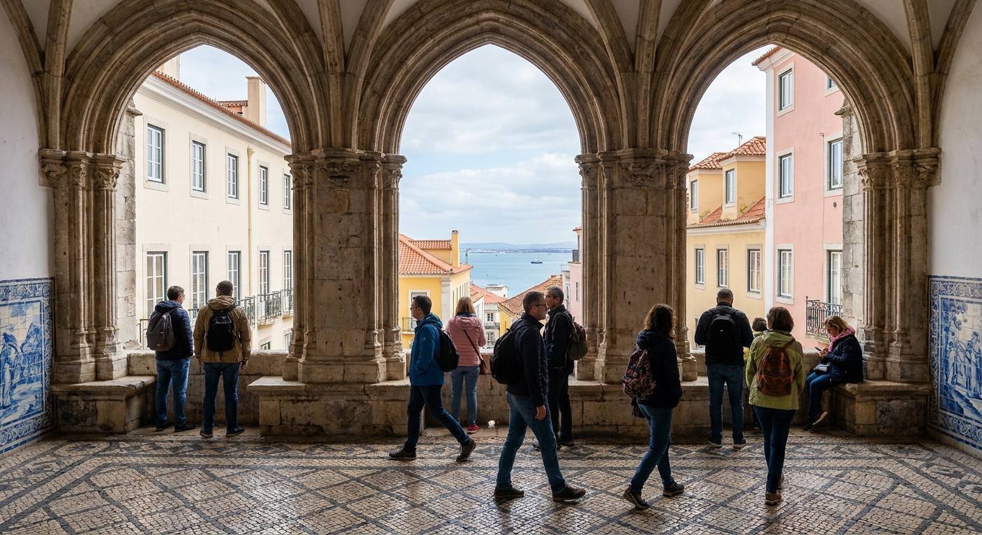 The cloister of Jeronimos Monastery in Lisbon with carved stone arcades and visitors walking in spring sunlight