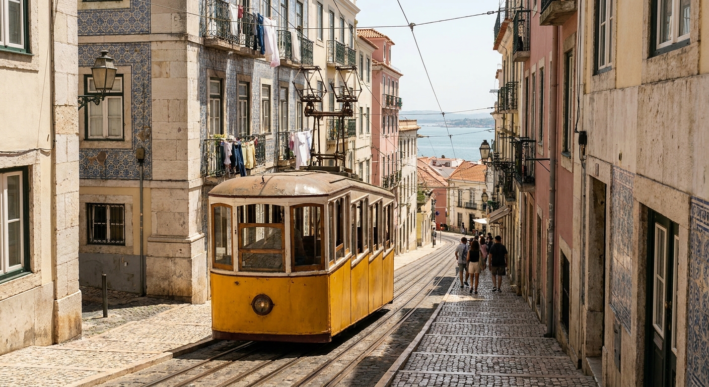 A steep tiled street in Lisbon under strong midday summer sun with deep shade on one side