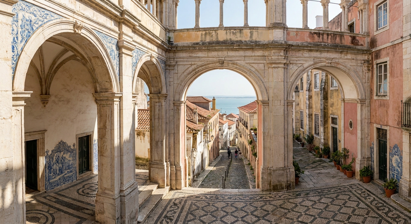 Visitors in the shaded stone cloister of Jeronimos Monastery in Belem