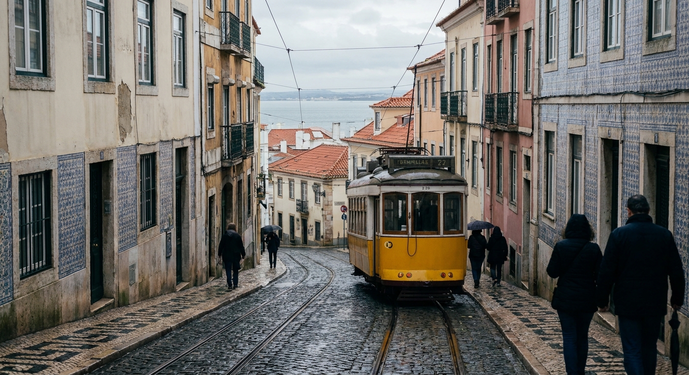 Cobbled Lisbon street climbing toward a viewpoint under low winter cloud, few people about