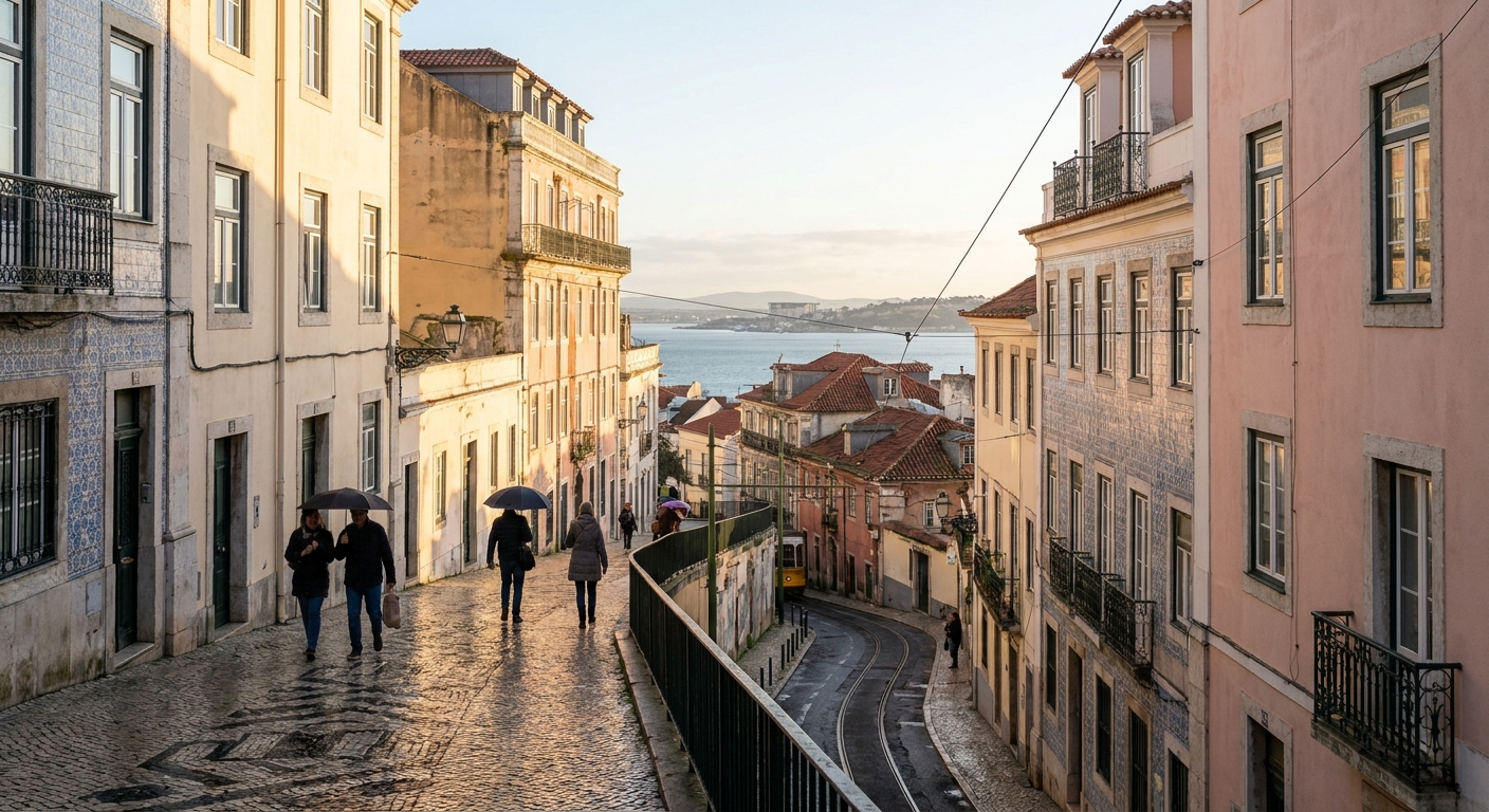 A yellow tram on a wet cobbled Lisbon street under low gray cloud