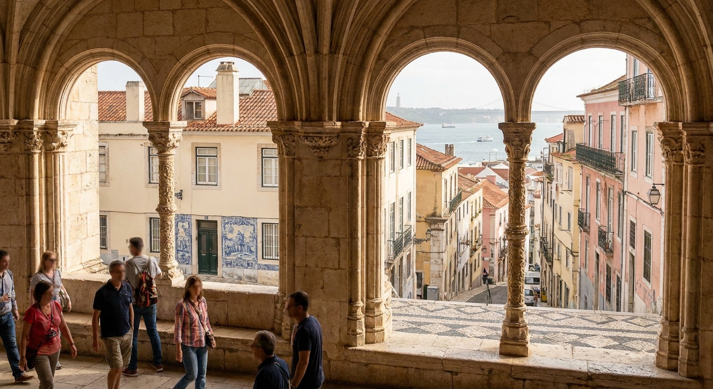 Stone cloister arcade at Jeronimos Monastery lit by low winter sunlight