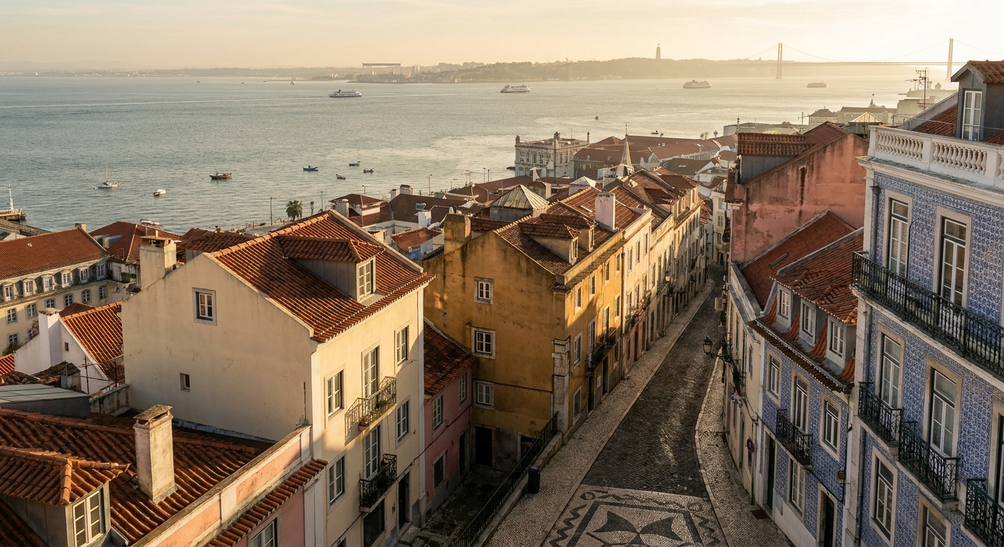 A yellow tram climbing a wet cobbled street in Lisbon under low winter cloud