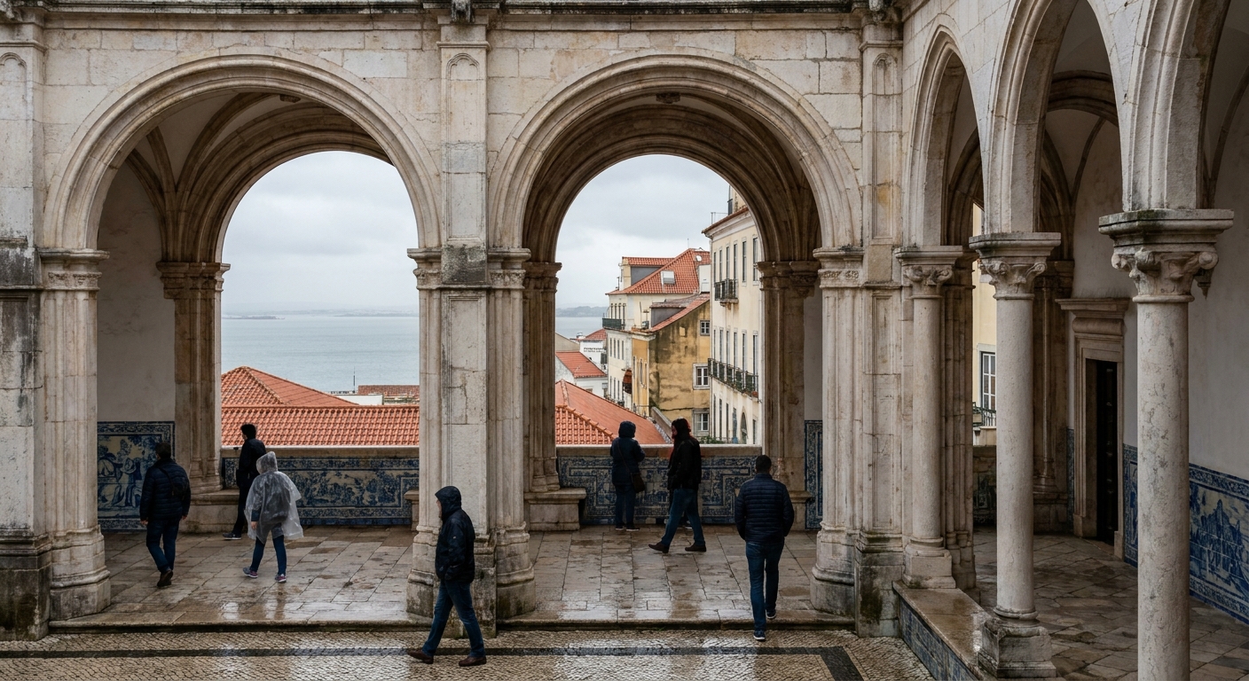 Cloister arcade of a late Gothic monastery in Belem with low winter sun on the stone