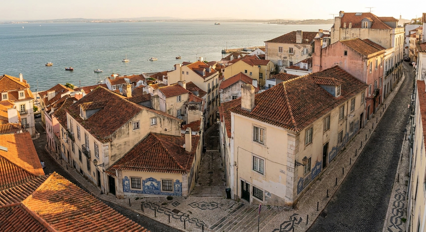 Tiled façades on a steep Lisbon street above the Tagus river under clear summer sky