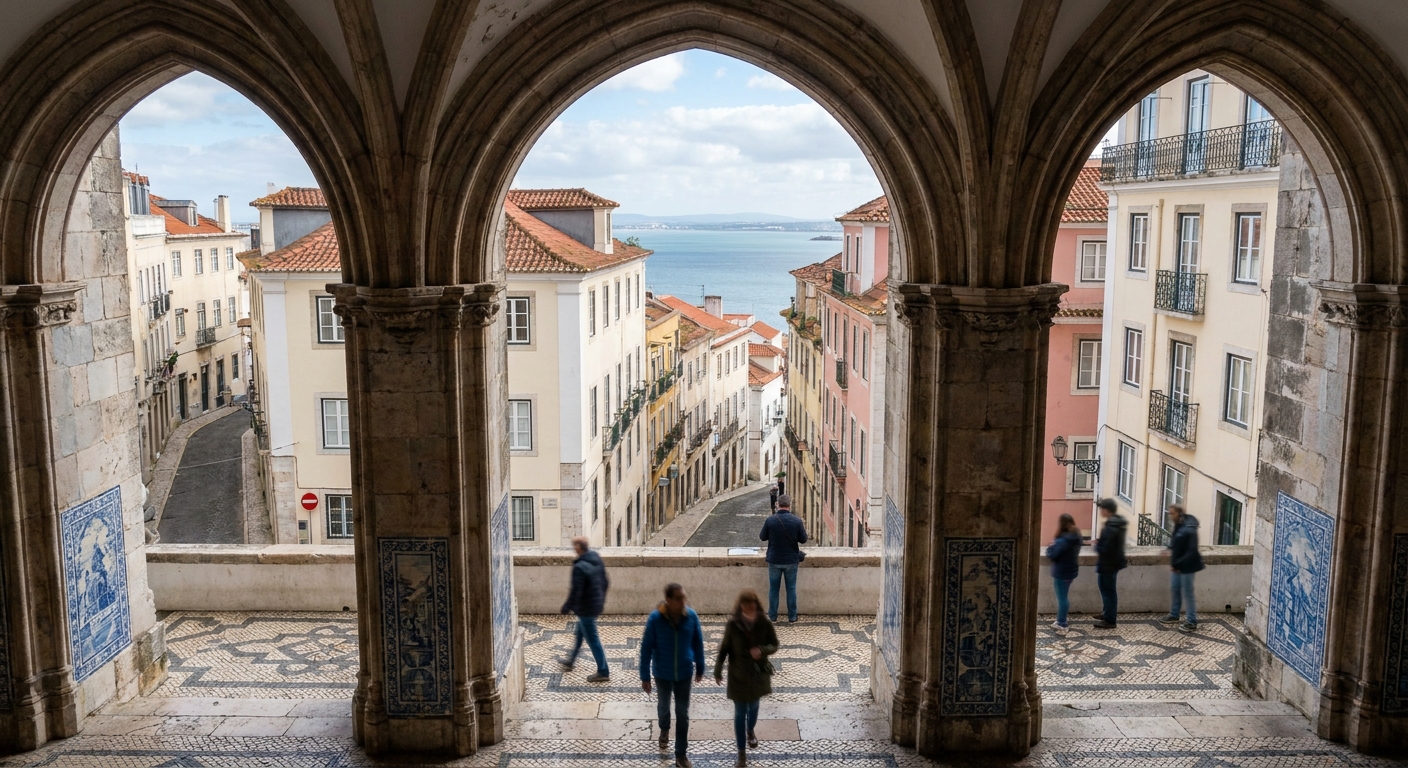 Stone cloister arches at Jeronimos Monastery in Belem with visitors in summer clothing