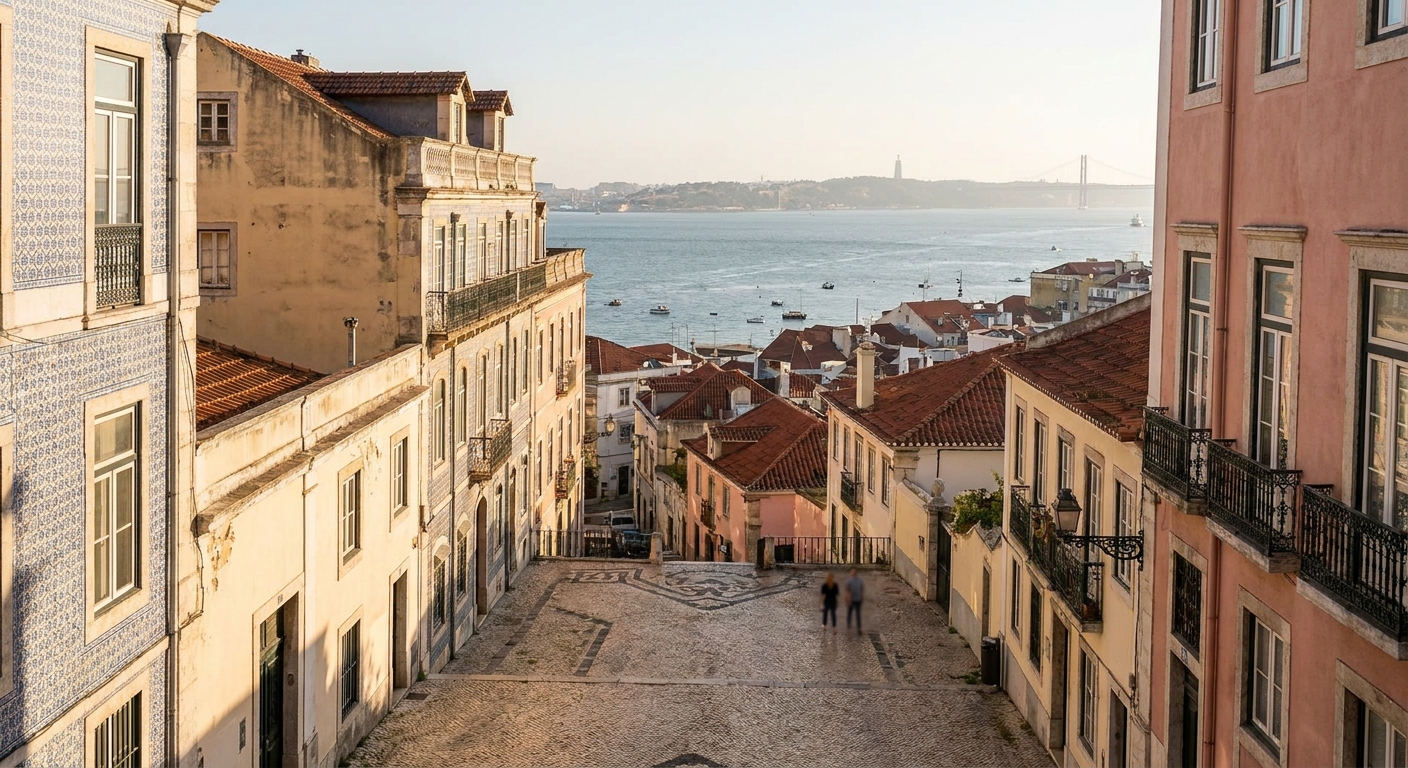 View across Lisbon rooftops toward the Tagus river in late afternoon light