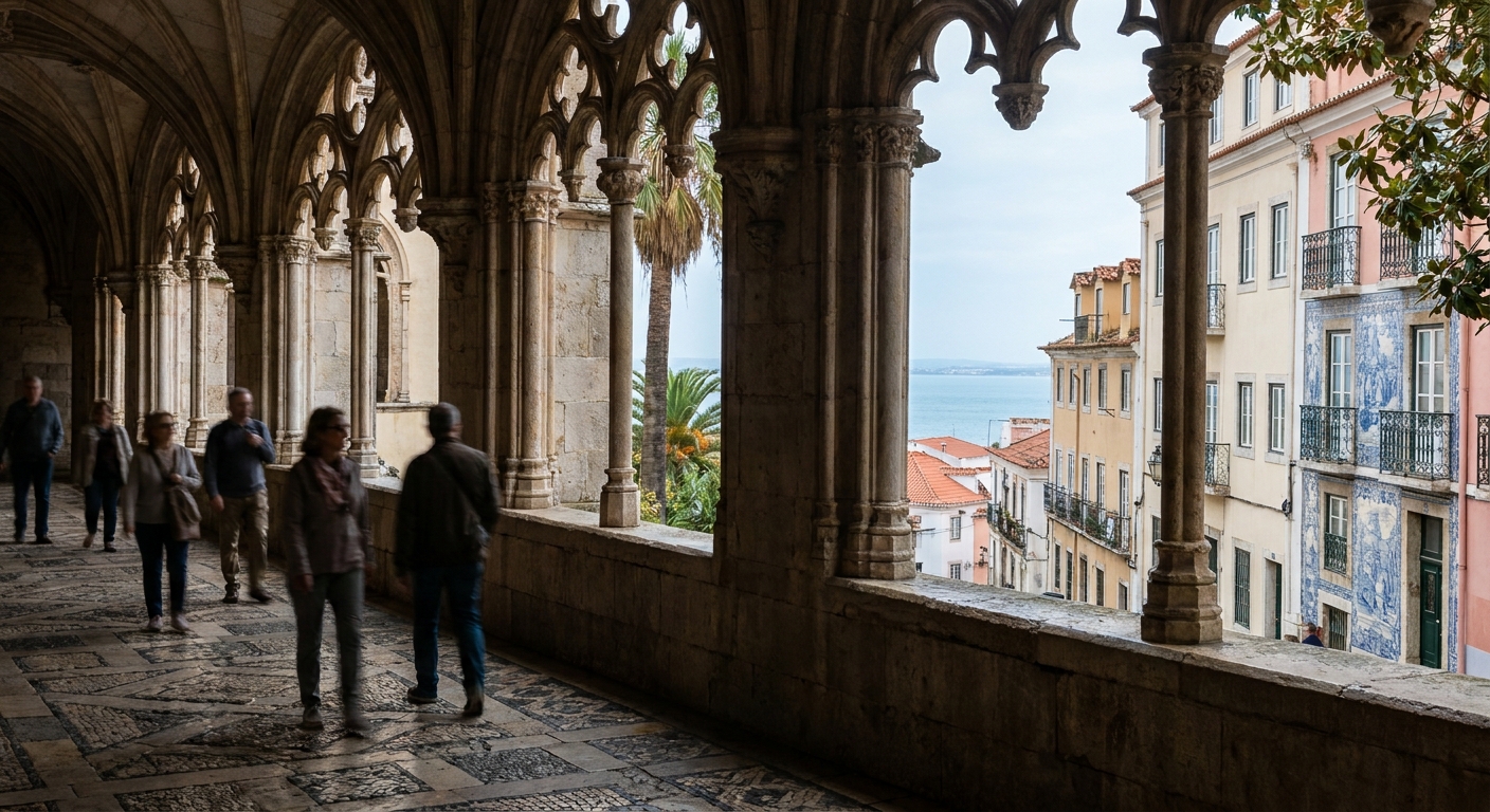 The stone cloister of Jeronimos Monastery in Belem under a clear sky