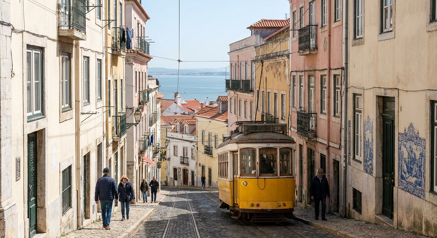 Steep tiled street in Alfama with a yellow tram climbing between old buildings