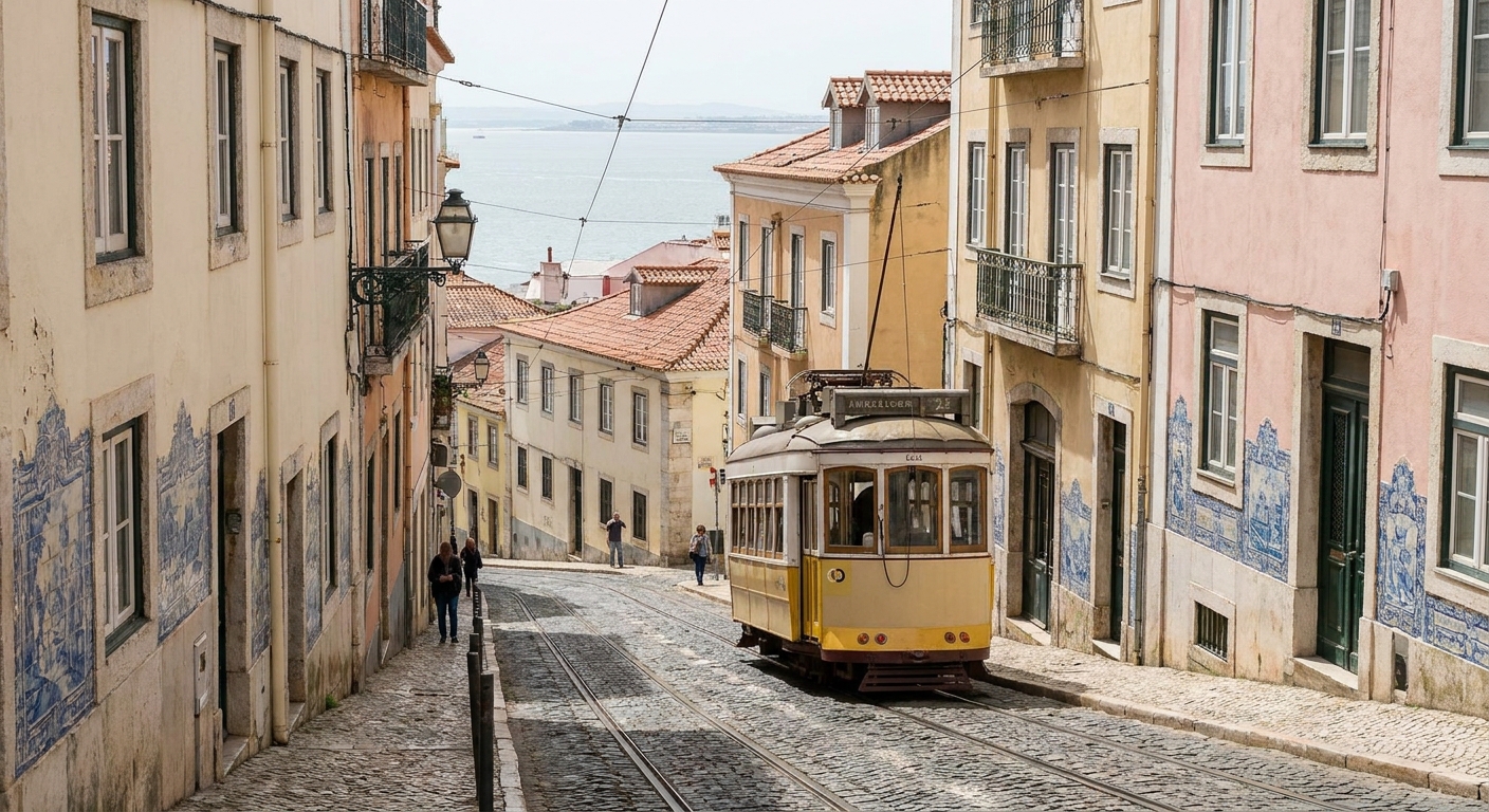 A steep tiled street in Lisbon in late spring light, with a yellow tram and the river visible below