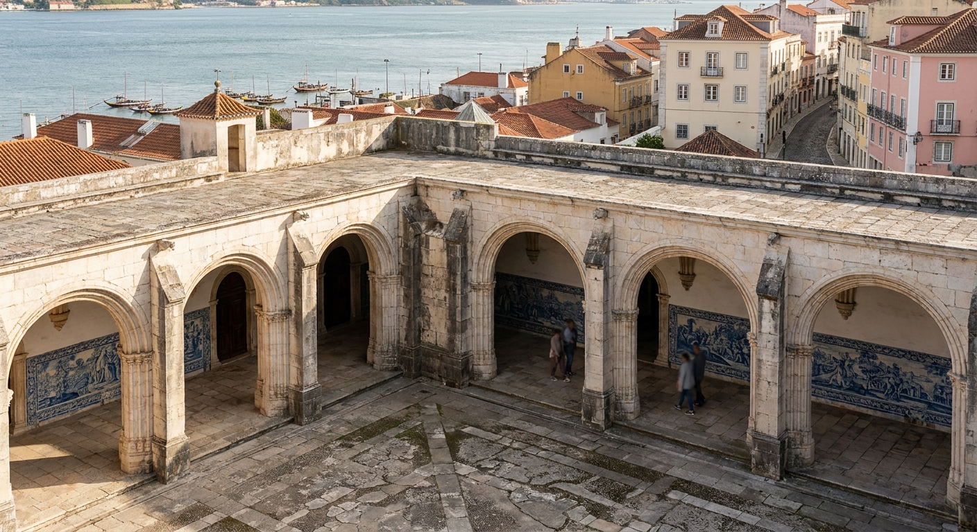 The cloister of Jeronimos Monastery in Belem with carved stone arcades in morning light