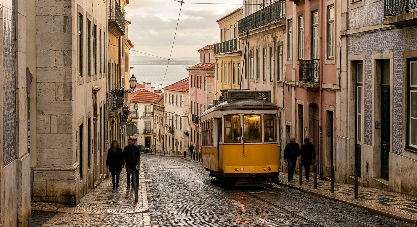 Wet cobbled street in Alfama, Lisbon, under low late-afternoon light
