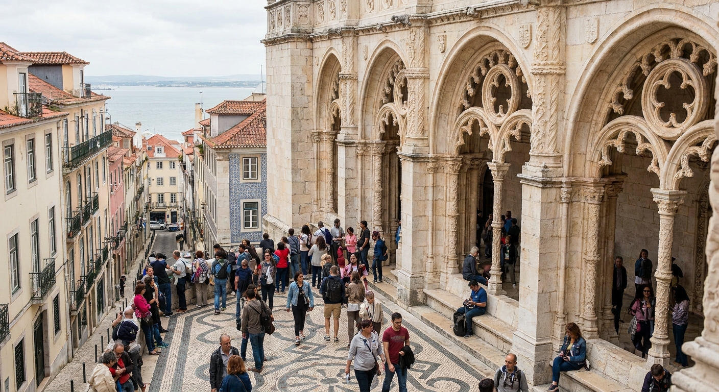 Visitors in the cloister of Jeronimos Monastery under overcast sky