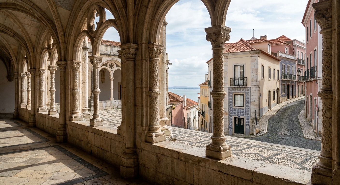 Stone arcades of the Jeronimos Monastery cloister with carved columns and an empty courtyard