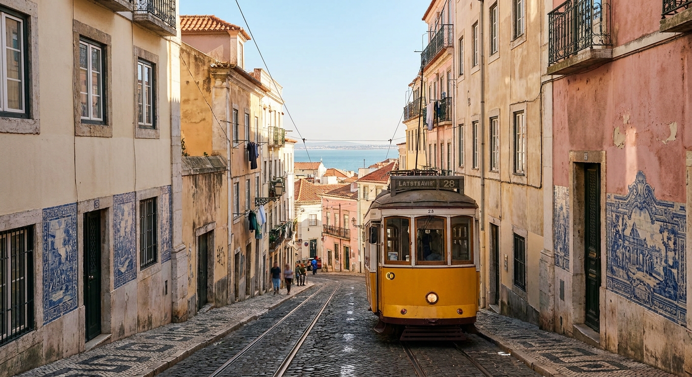 A steep tiled street in Lisbon in late afternoon light with a yellow tram climbing toward a viewpoint