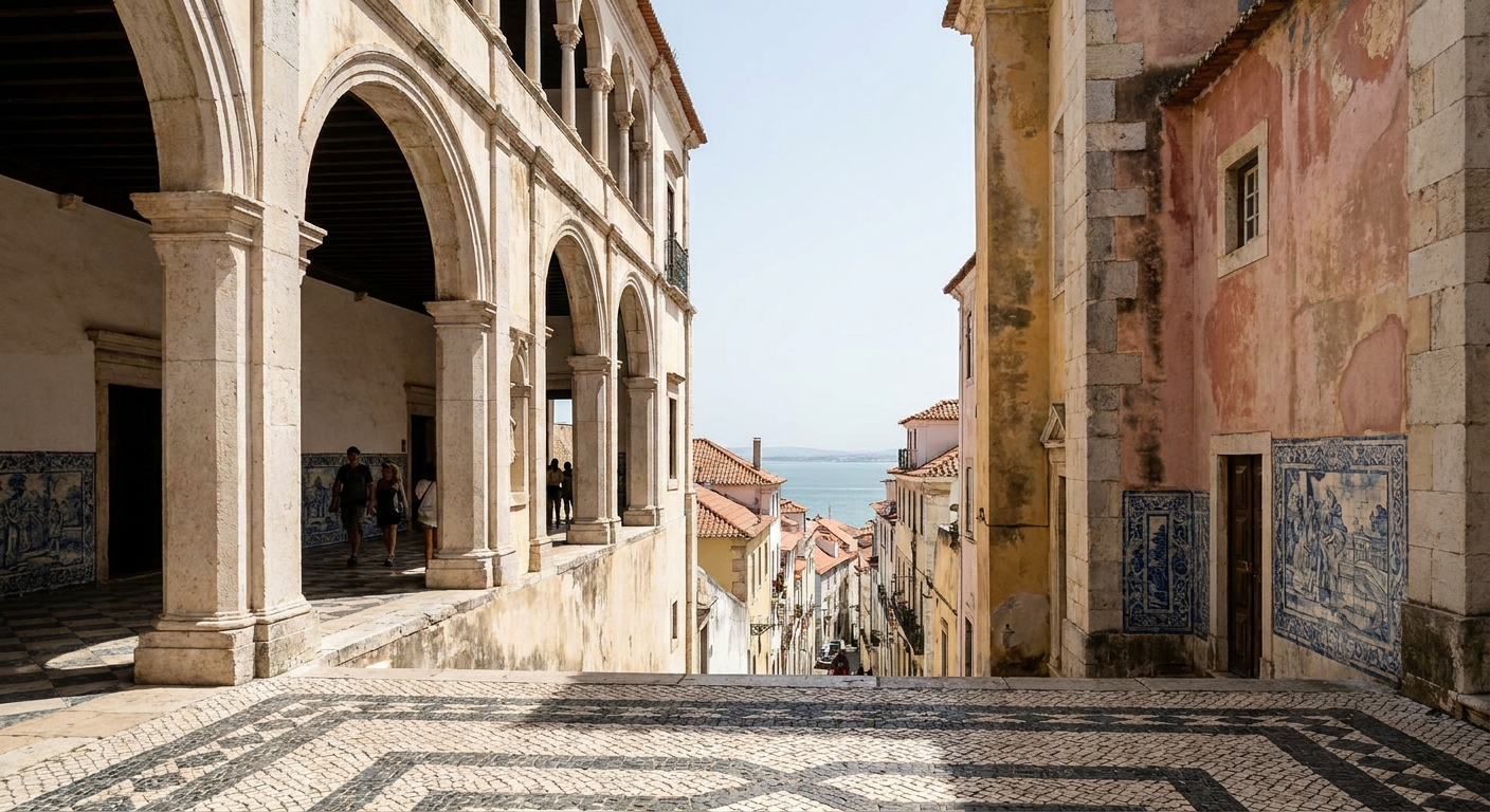 The cloister arcade of Jeronimos Monastery in Belem with carved stone columns and low sun