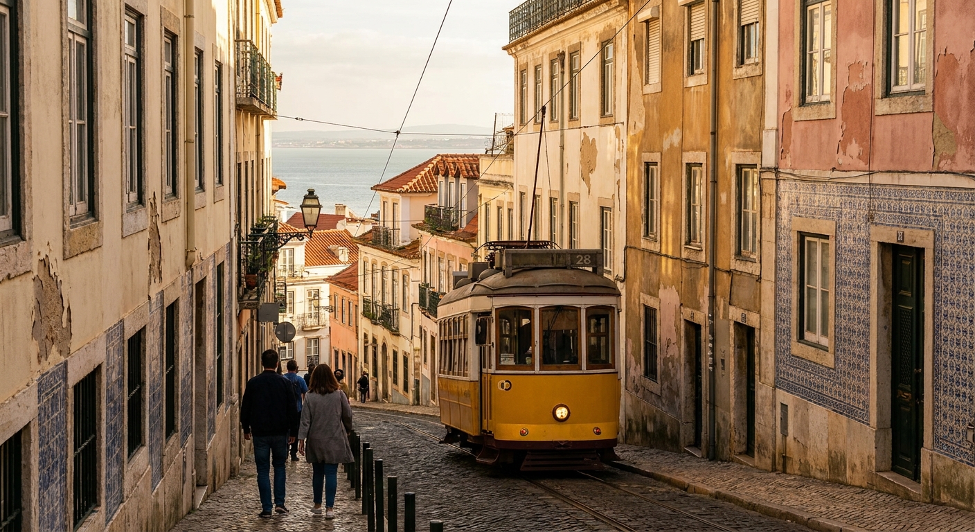 A yellow tram climbing a steep cobbled street in Alfama, Lisbon, in low golden light