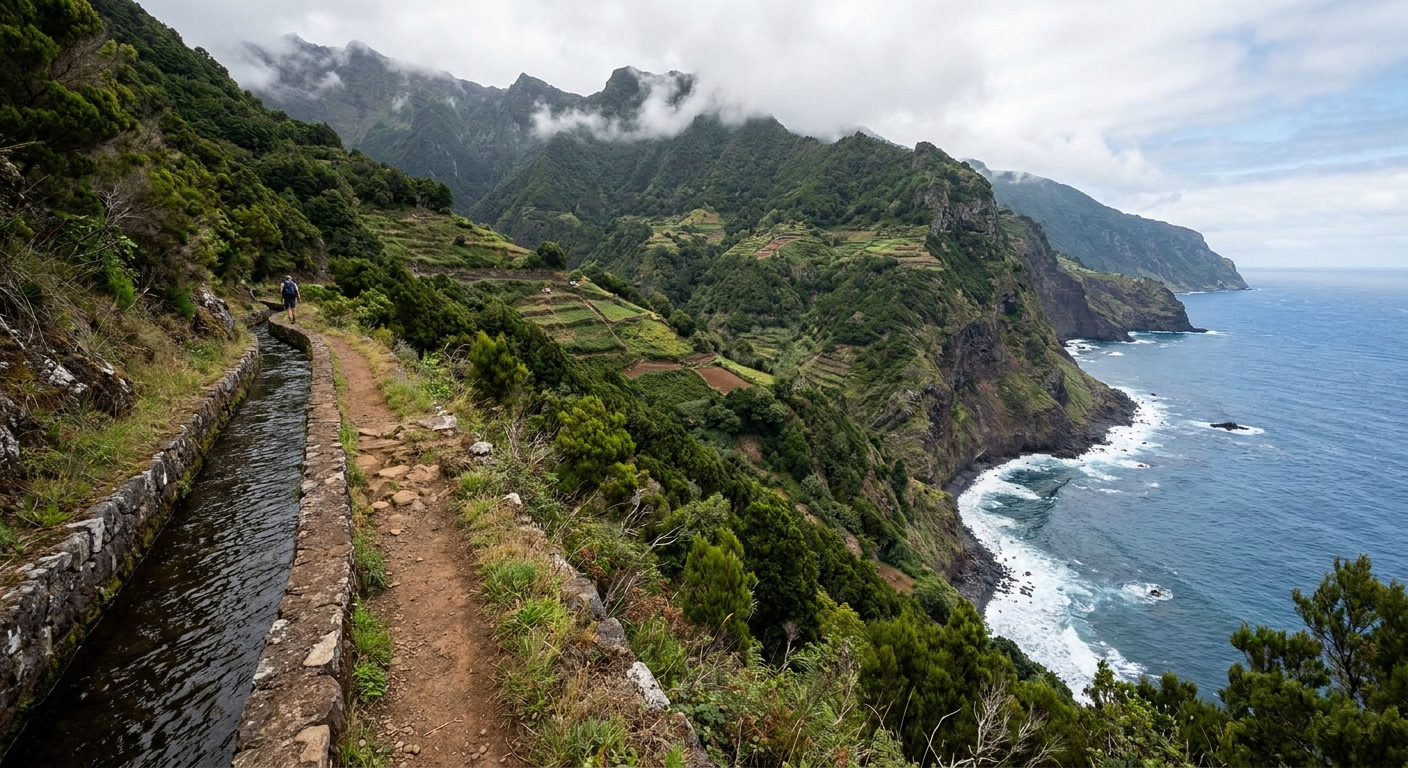 A narrow levada path cut into a green mountainside above the Atlantic in Madeira